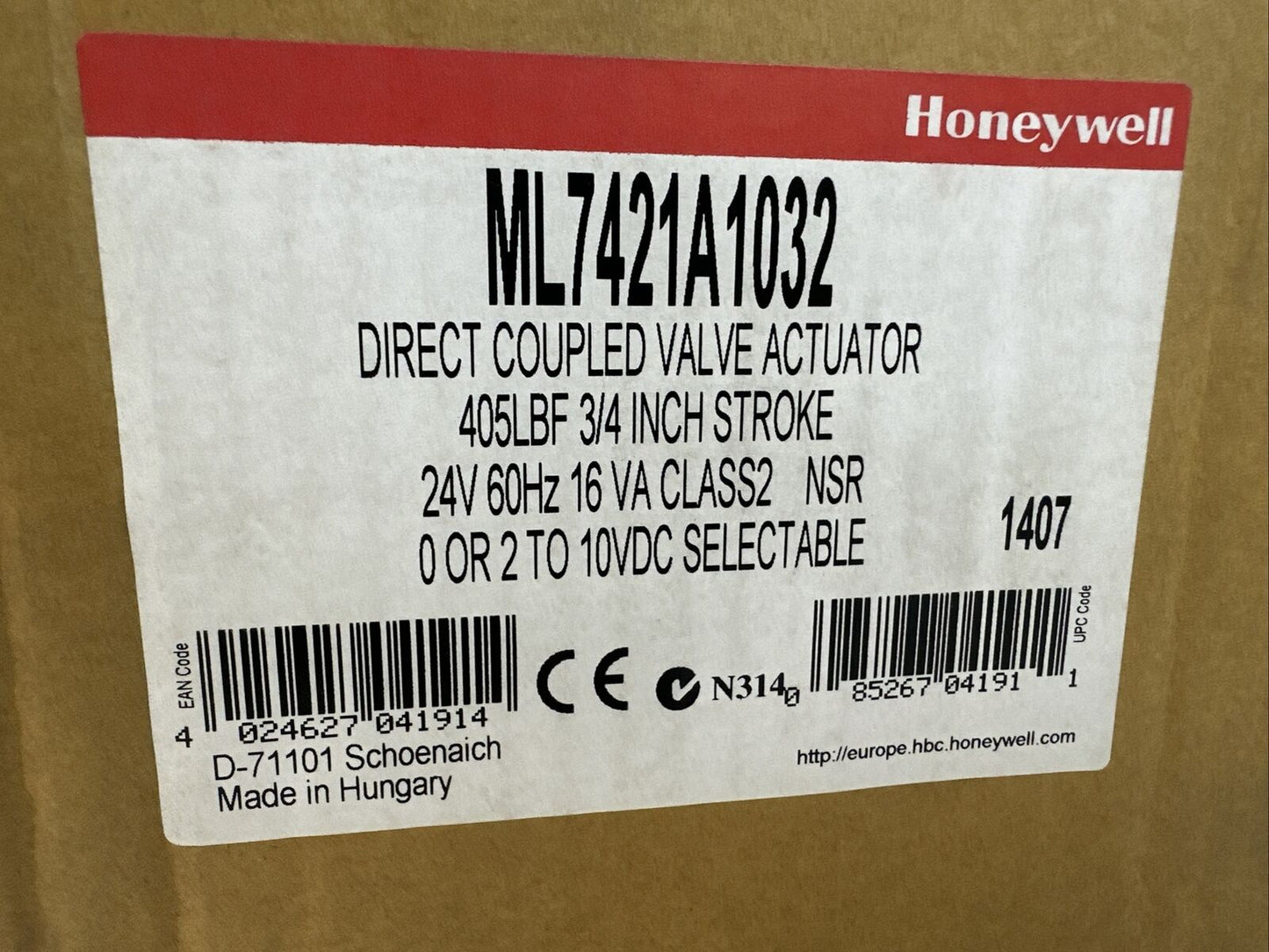 HONEYWELL ML7421A1032 DIRECT COUPLED VALVE ACTUATOR 405LBF 3/4 INCH STROKE 24V