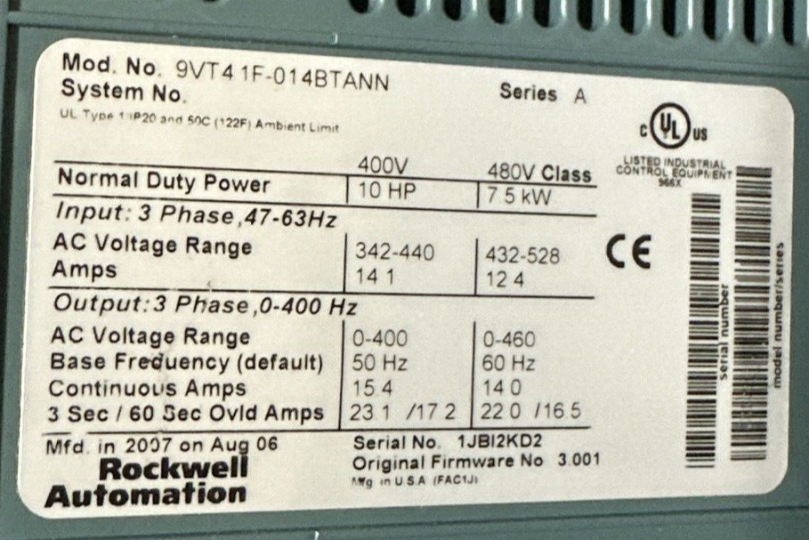 ROCKWELL AUTOMATION VTAC 9 HVAC DRIVE 9V1041HRNB30 S7-643A-V9-10 460VAC 10HP