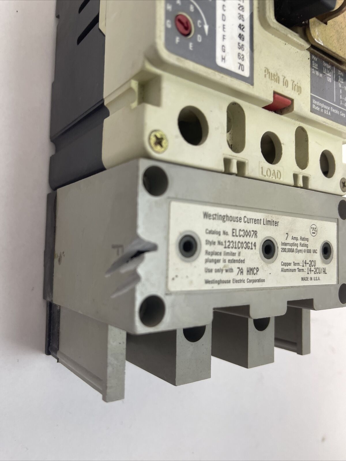 WESTINGHOUSE HMCP007C0C SER C 7A 600VAC 250VDC 3POLE ELC3007R CURRENT LIMITER 7A