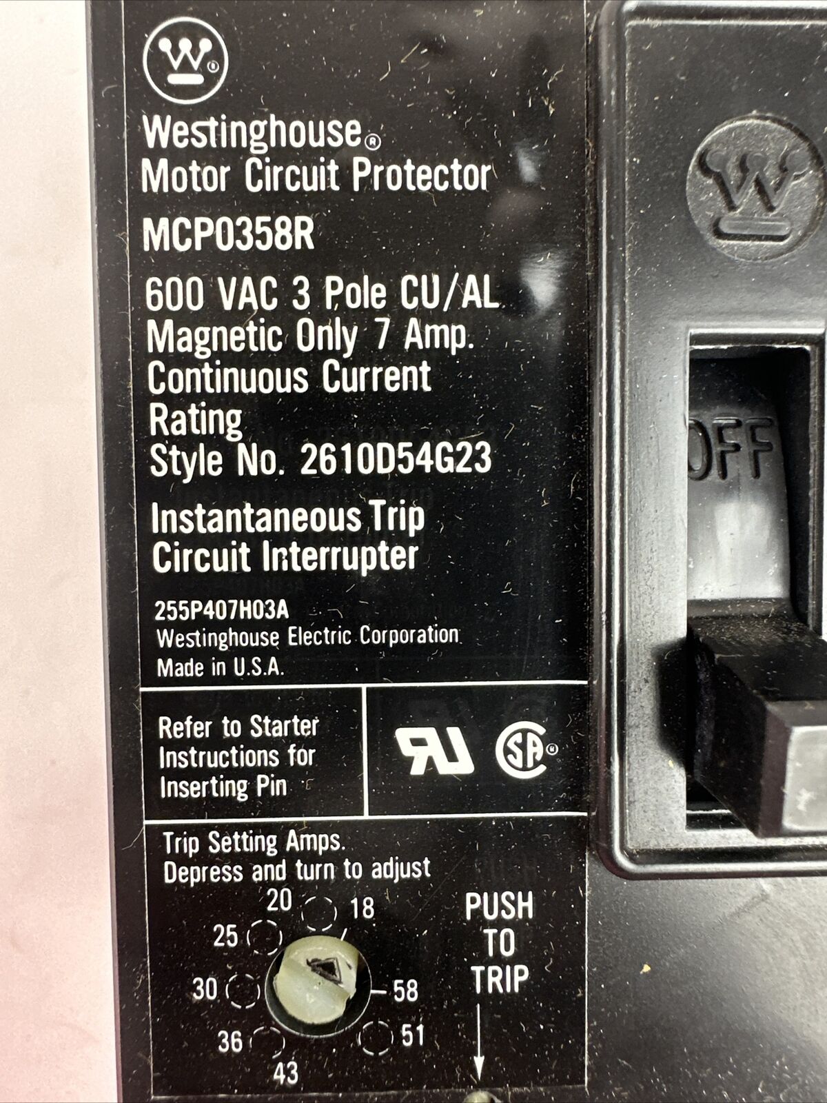 WESTINGHOUSE MCP0358R MOTOR CIRCUIT PROTECTOR 3P 7A 600VAC TRIP RANGE 18-58