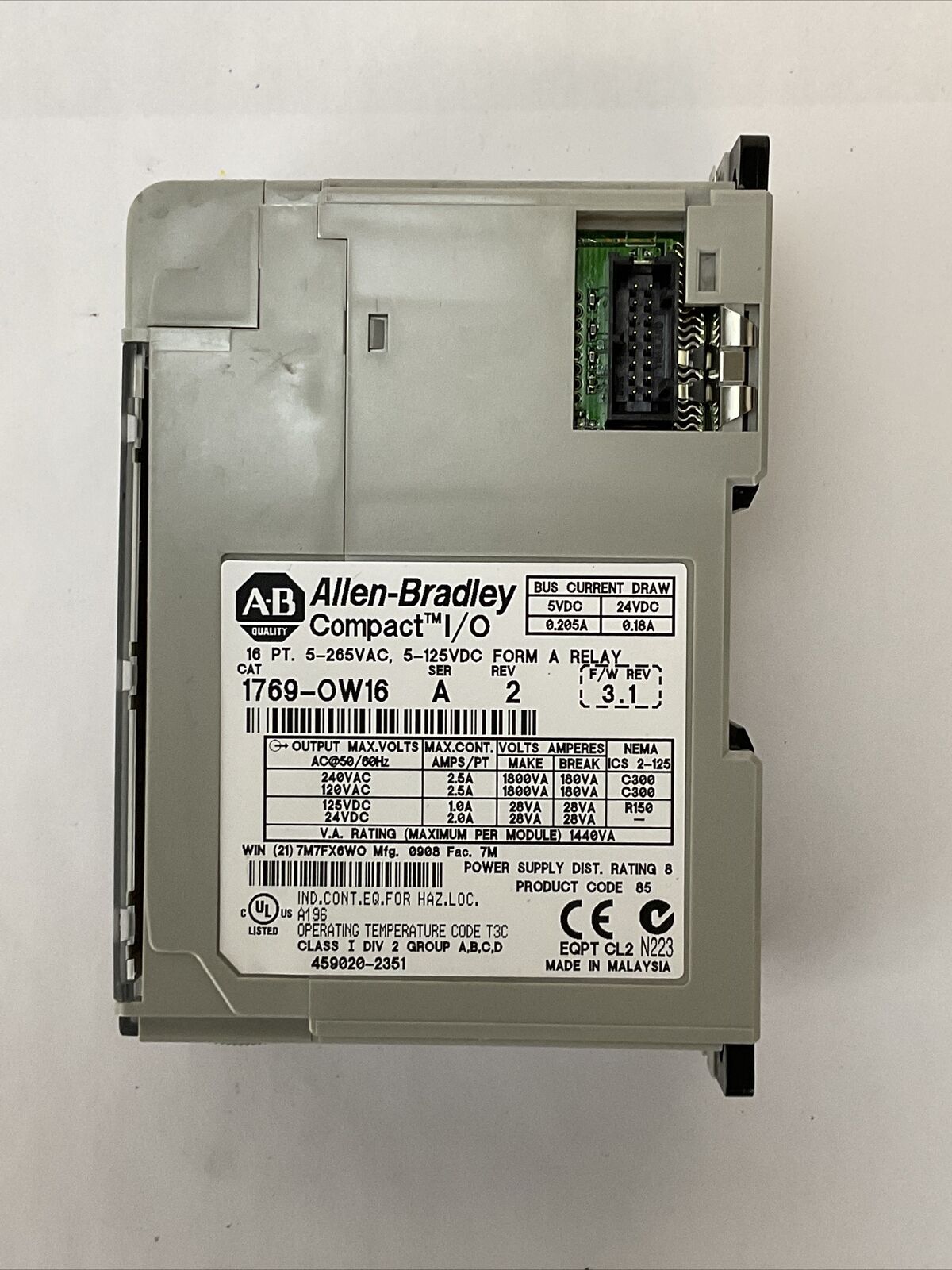 ALLEN BRADLEY 1769-OW16 SER A REV 2 F/W REV 3.1 16PT 5-265VAC 5-125VDC FORM A