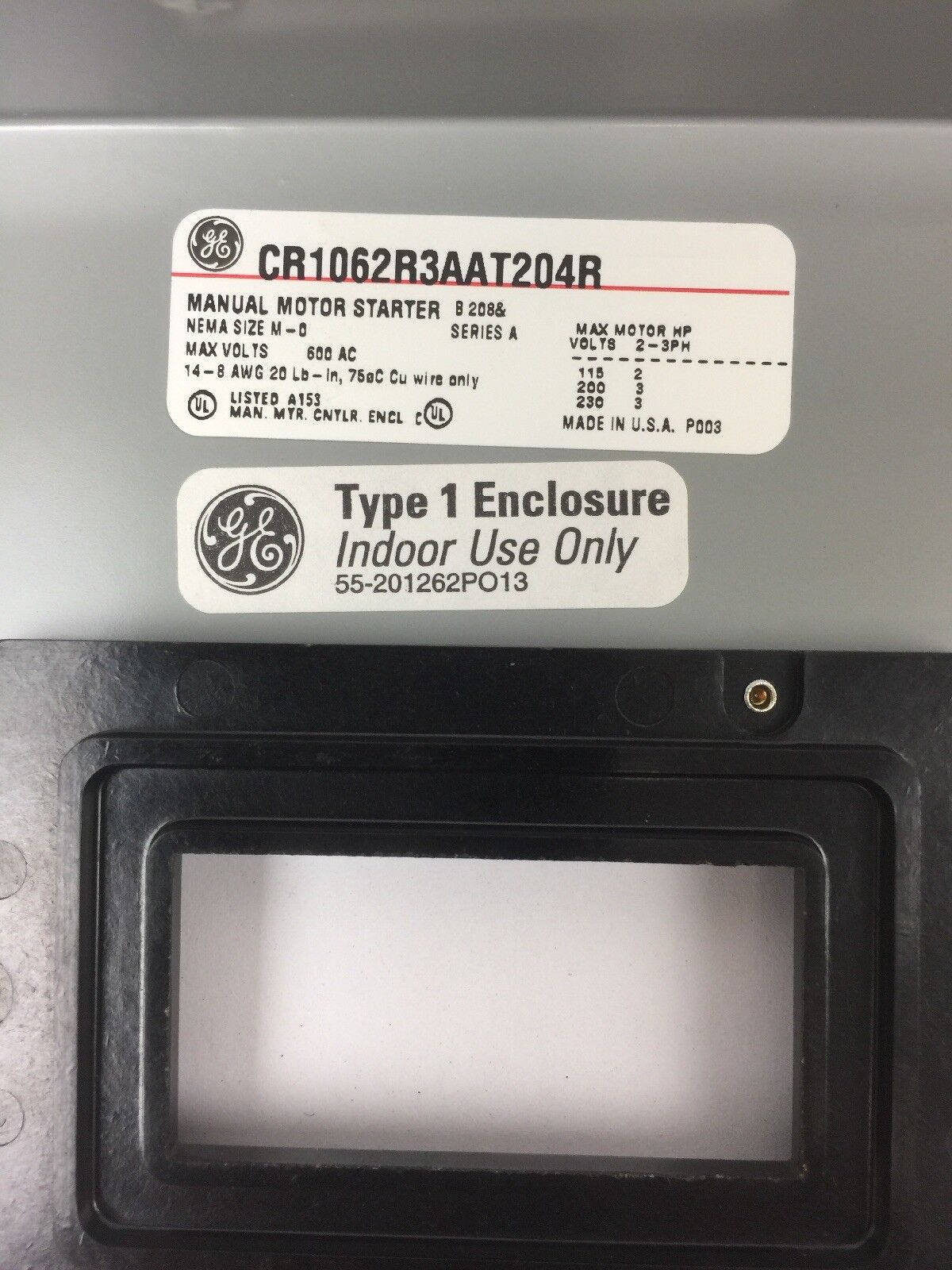 GE CR1062R3AAT204R MAN MOTOR STARTER NEMA SIZE M-0 3 POLES/OVERLOADS 480V 60HZ