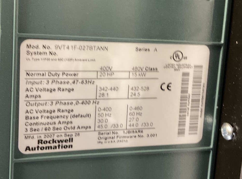 ROCKWELL AUTOMATION VTAC 9 HVAC 9V2041HRNB30 S7-644A-V9-20 TYPE 3R 20HP 460VAC