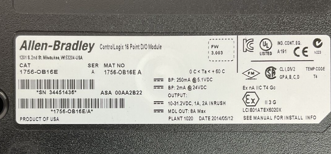 ALLEN BRADLEY 1756-OB16E SER A FW 3.003 CONTROL LOGIX 16PT D/O MODULE