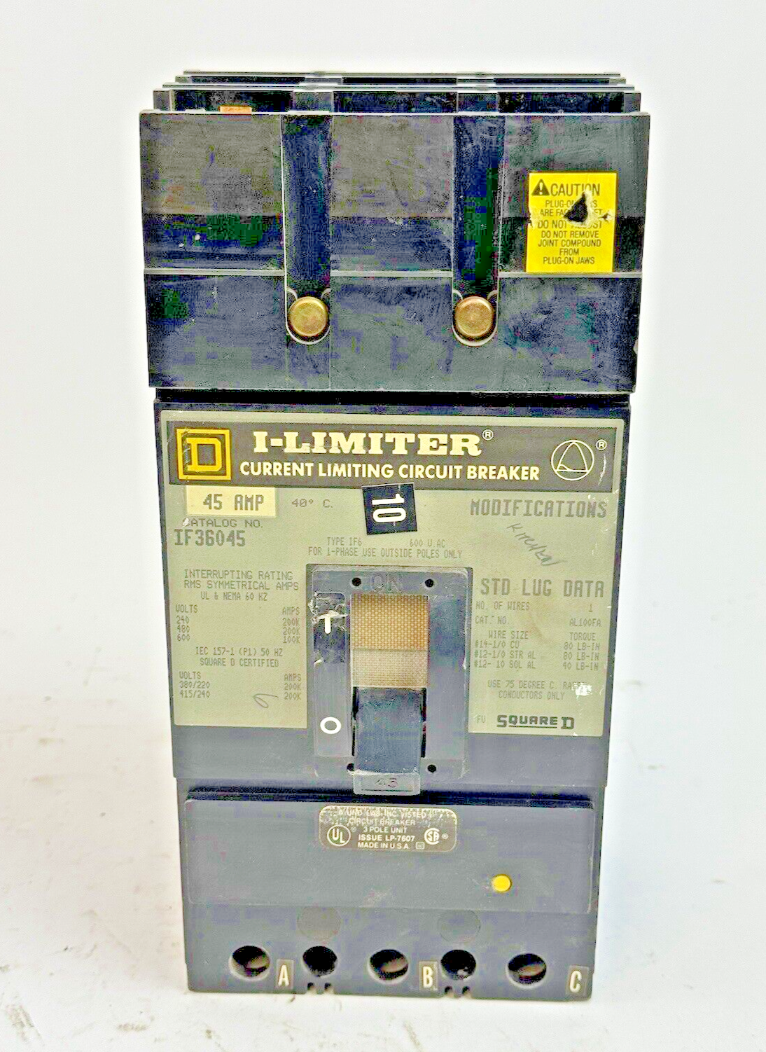 SQUARE D - IF36045 - I-LIMITER CIRCUIT BREAKER - 45 AMP, 3 POLE, 600 VAC