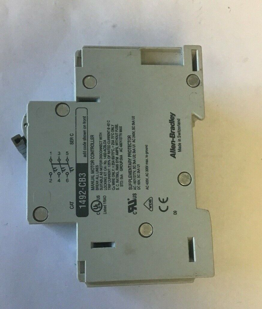 ALLEN BRADLEY 1492-CB3 MANUAL MOTOR CONTROLLER SER C 20A 10HP 480Y/277VAC 3HP