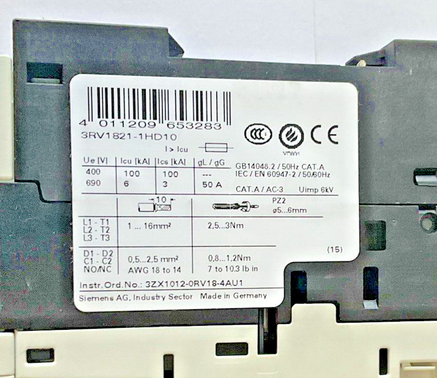 SIEMENS 3RV1821-1HD10 COMBINATION MOTOR CONTROL 8A