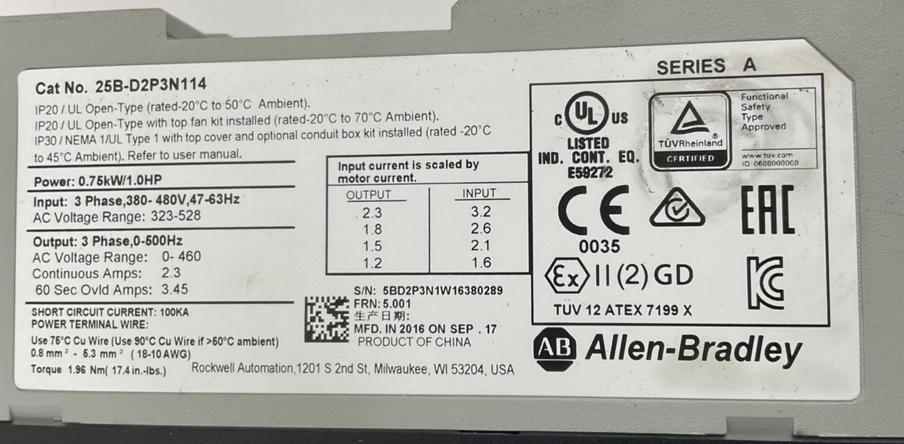ALLEN BRADLEY 25B-D2P3N114 POWERFLEX SER.A FRN5.001 3PH 480V 63HZ