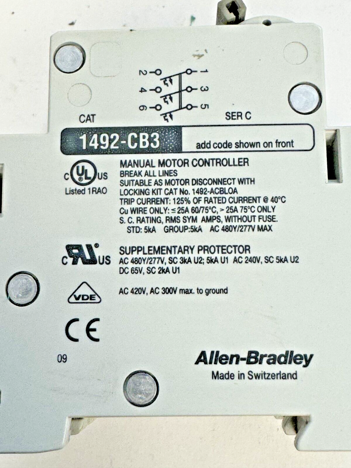 ALLEN-BRADLEY - 1492-CB3-G030 SER. C - MOTOR CONT.- 3P, 3A, 277 V, 1-1/2 HP, 3PH