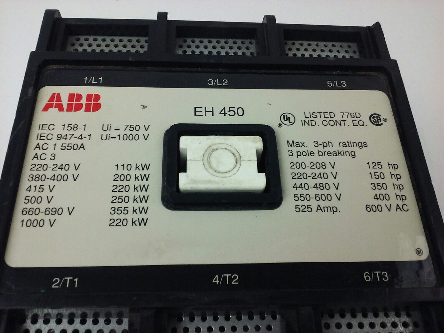 ABB EH450 CONTACTOR, 600V, 3PH, 525A, 400H.P., 3P, 355KW, EH, USED