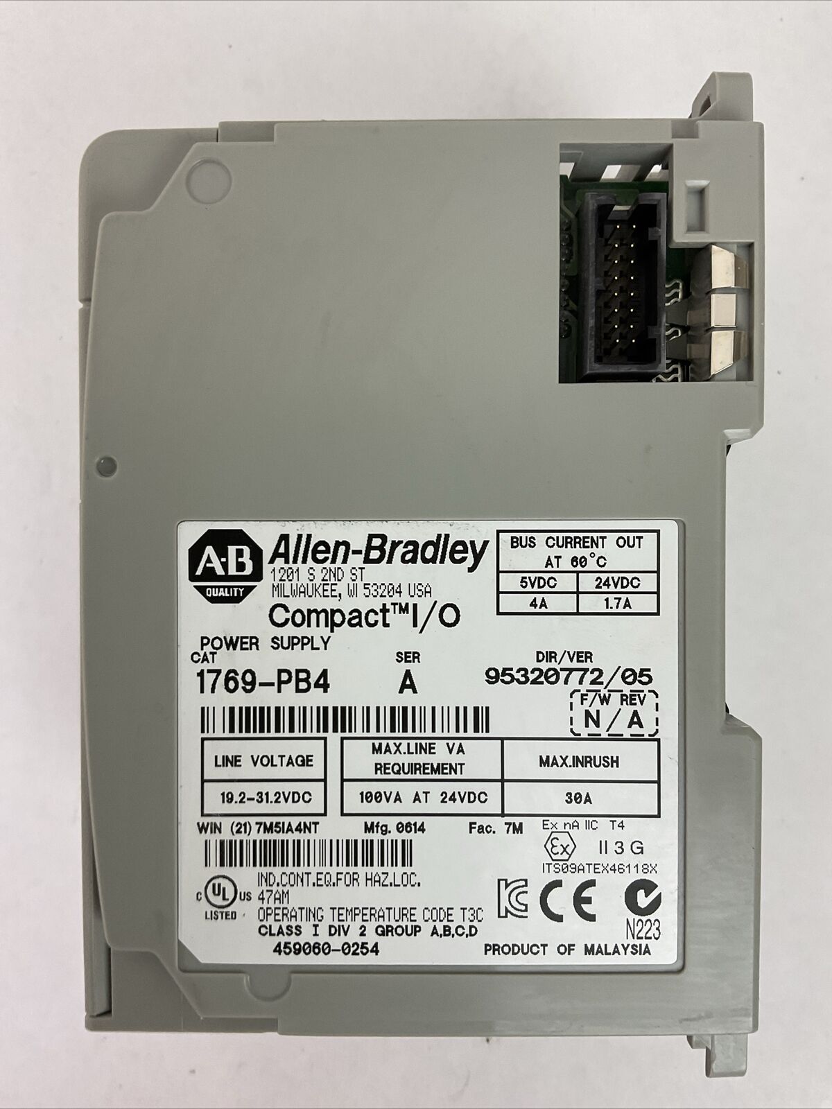 ALLEN BRADLEY 1769-PB4 SER A DIR/REV 95320772/05 F/W REV N/A 24VDC POWER SUPPLY