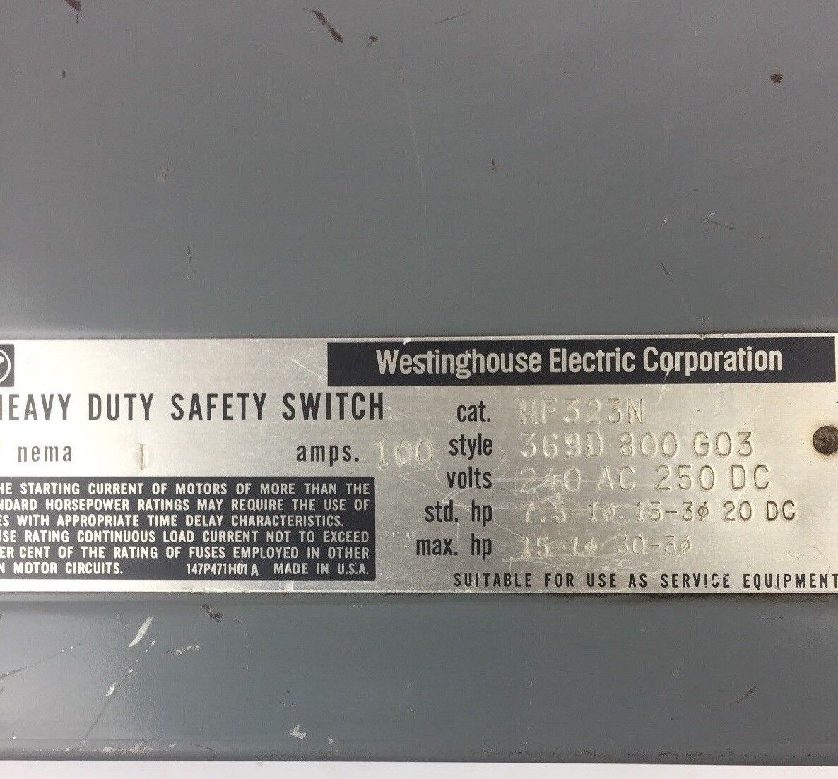 WESTINGHOUSE HF323N HEAVY DUTY SAFETY SWITCH 240 VAC 250 VDC 100 AMP NEMA 1