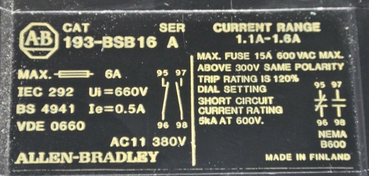 ALLEN-BRADLEY 193-BSB16 Ser. A BIMETALLIC OVERLOAD RELAY 1.1-1.6A / NEW SURPLUS