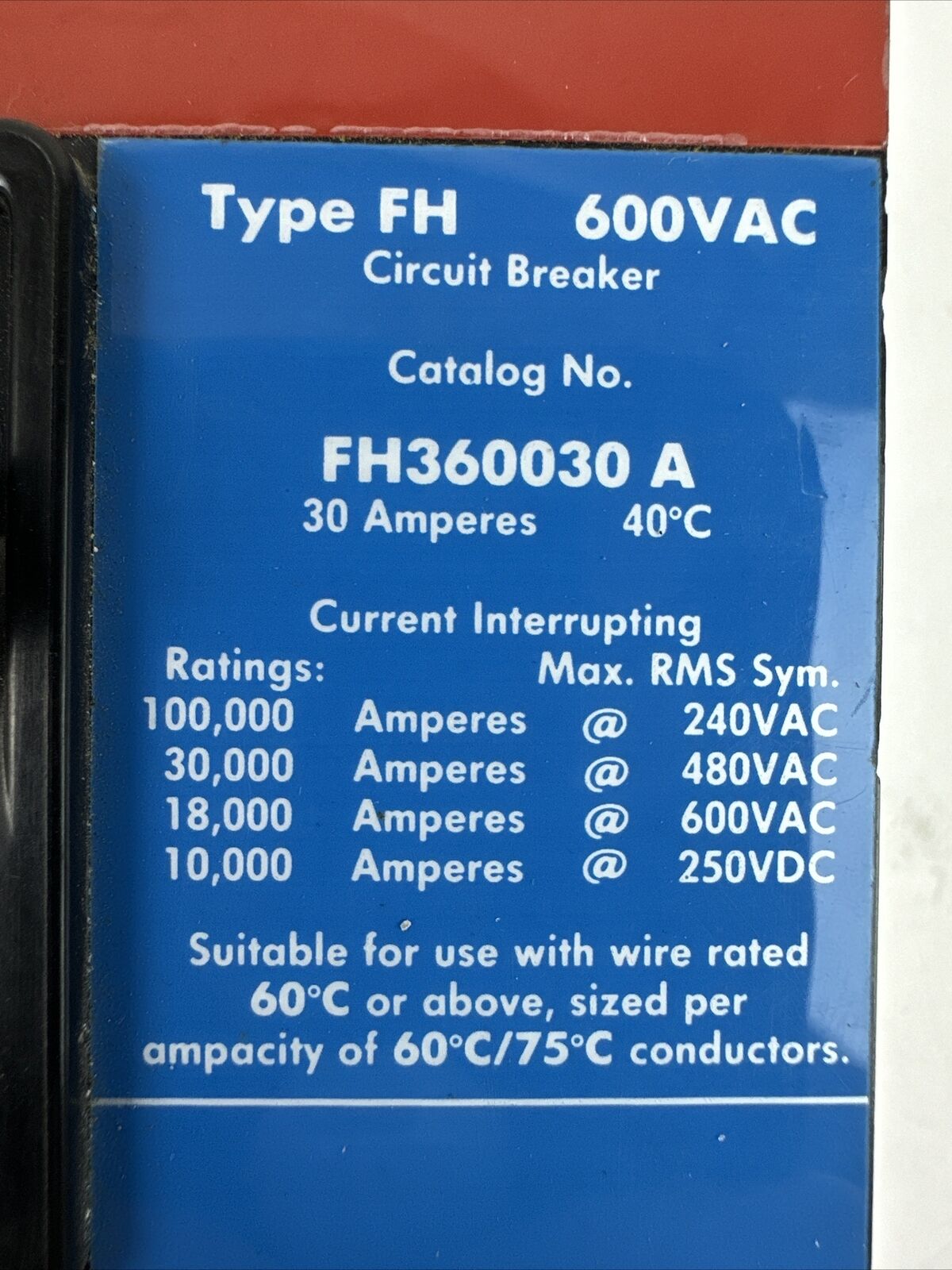EATON CUTLER HAMMER FH360030A CIRCUIT BREAKER 30AMP 3POLE 600VAC