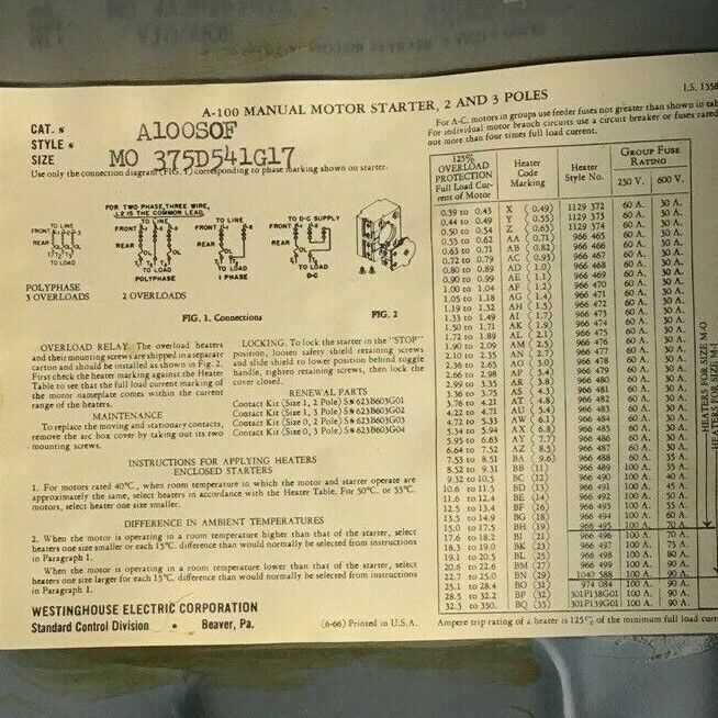 WESTINGHOUSE A100S0B MANUAL STARTER SZ.M-O 2POLE 1PH 1HP-115VAC 2HP-230VAC