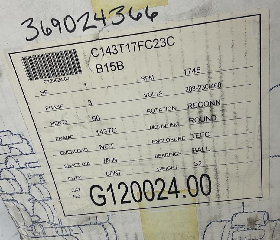 LEESON G120024.00 MOTOR C143T17FC23C 1745RPM 60HZ 1HP 460V FR143TC