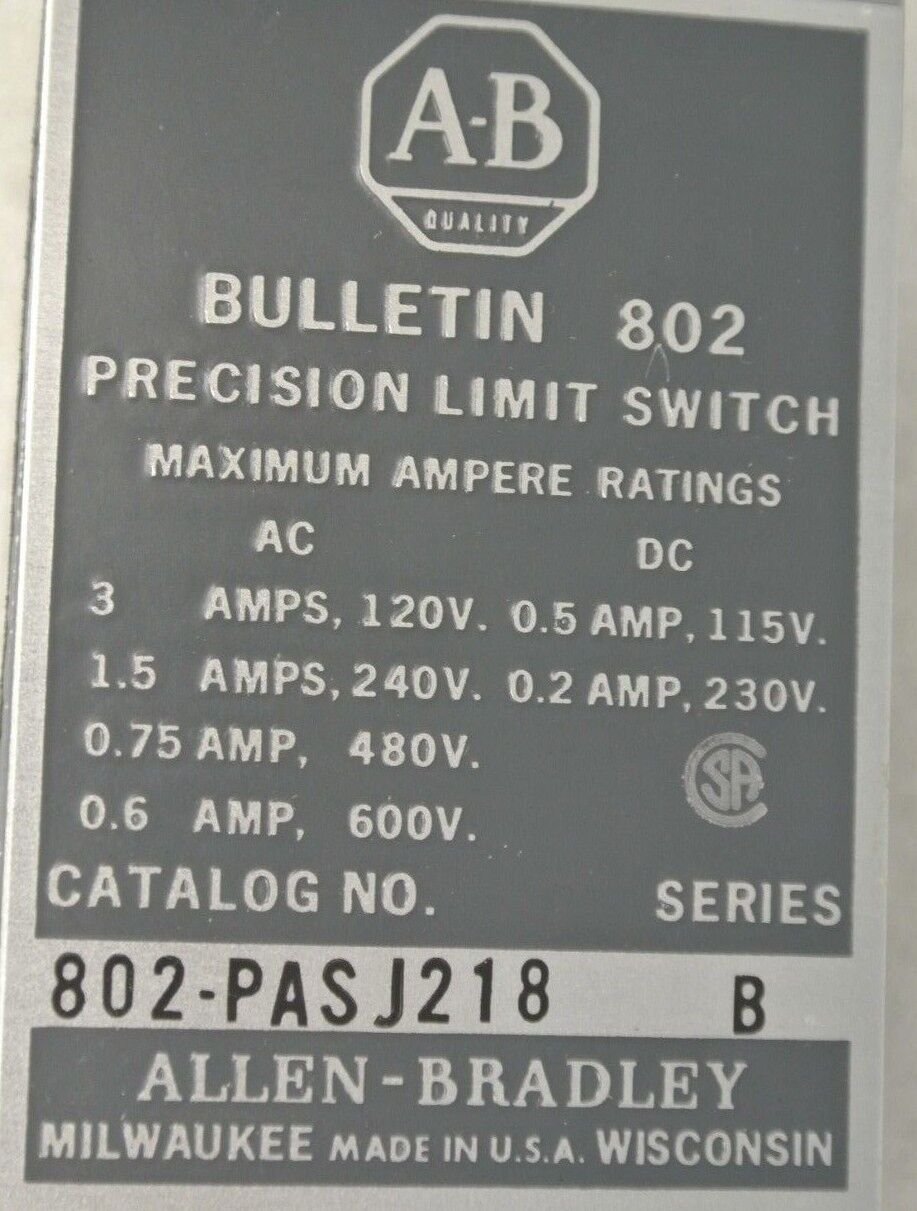 ALLEN-BRADLEY 802-PASJ218 PRECISION LIMIT SWITCH / PUSH ROLLER / NEW SURPLUS