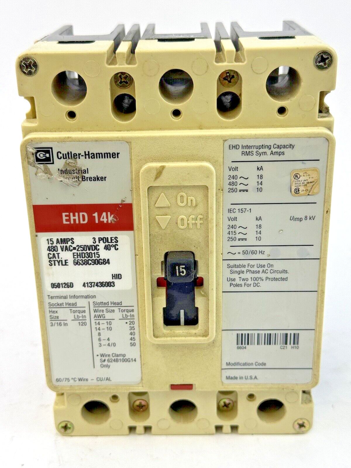CUTLER-HAMMER - EHD3015 - CIRCUIT BREAKER - 3 POLE/ 15 A/ 480 VAC