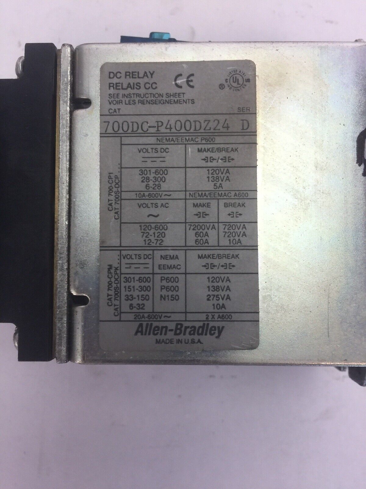 ALLEN BRADLEY 700DC-P400DZ24 DC RELAY 600V PD714 COIL 24VDC
