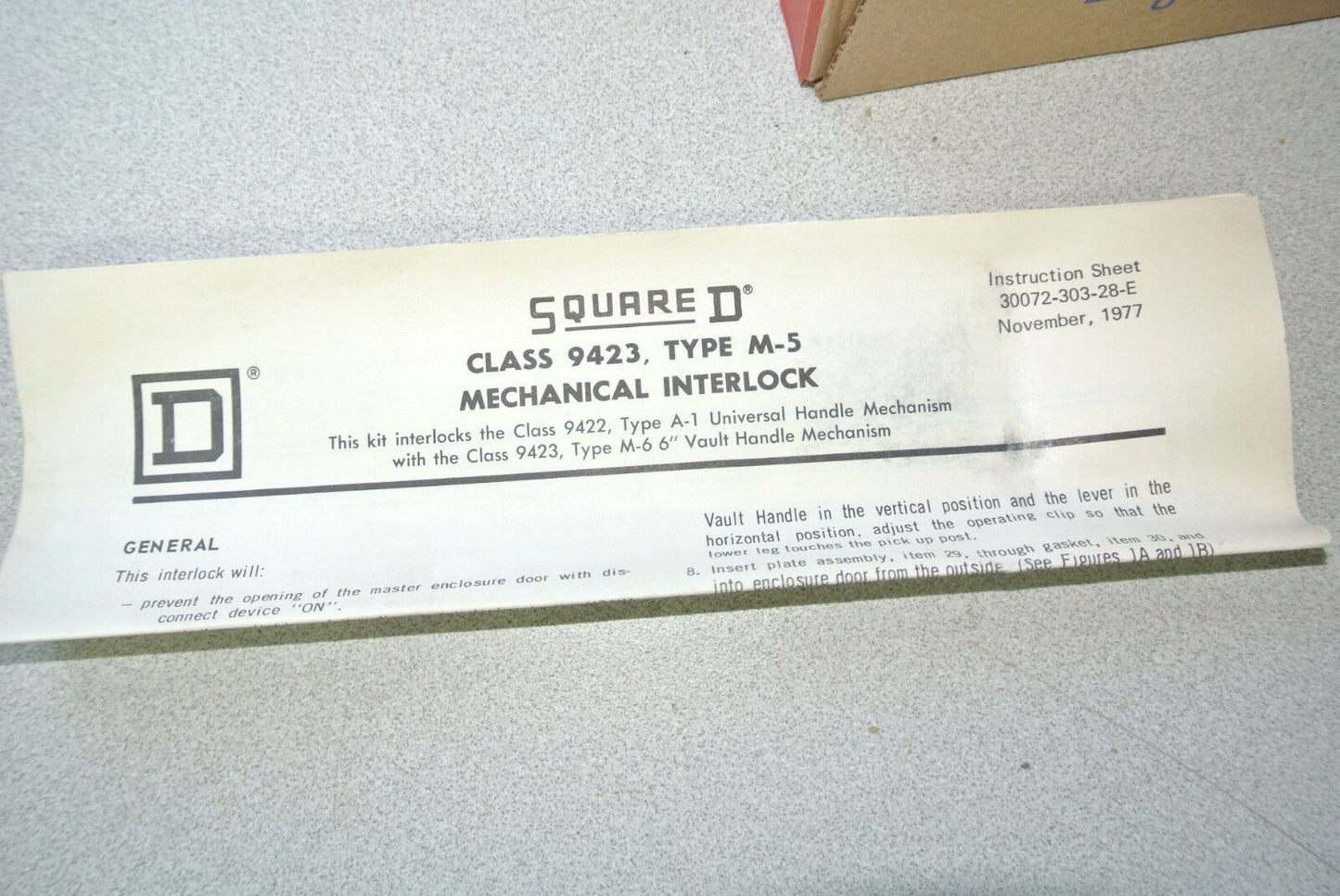SQUARE D 9423 M-5 - DOOR CLOSING MECHANISM MECHANICAL INTERLOCK - NEW SURPLUS