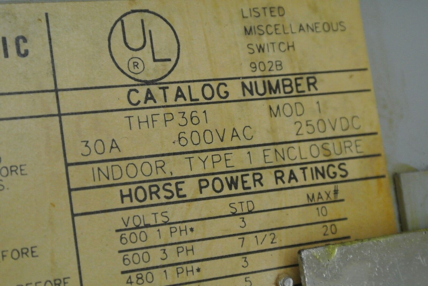 GE THFP361 TWIN FUSIBLE QMR-TYPE PANELBOARD SWITCH - 600V, 30A, 20HP MAX.