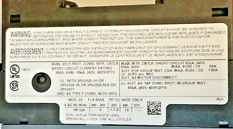 SIEMENS 3RV2021-4CA10 MOTOR CONTROL 16-22A