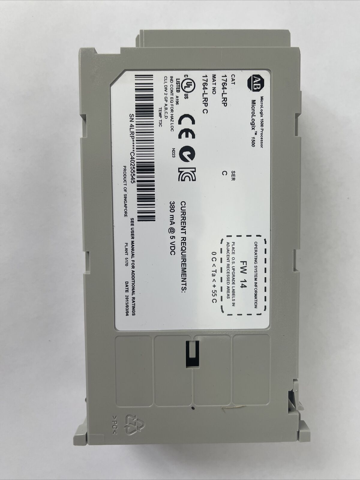 ALLEN BRADLEY 1764-LRP MICROLOGIX 1500 PROCESSOR SER C FW 14 380mA @ 5VDC