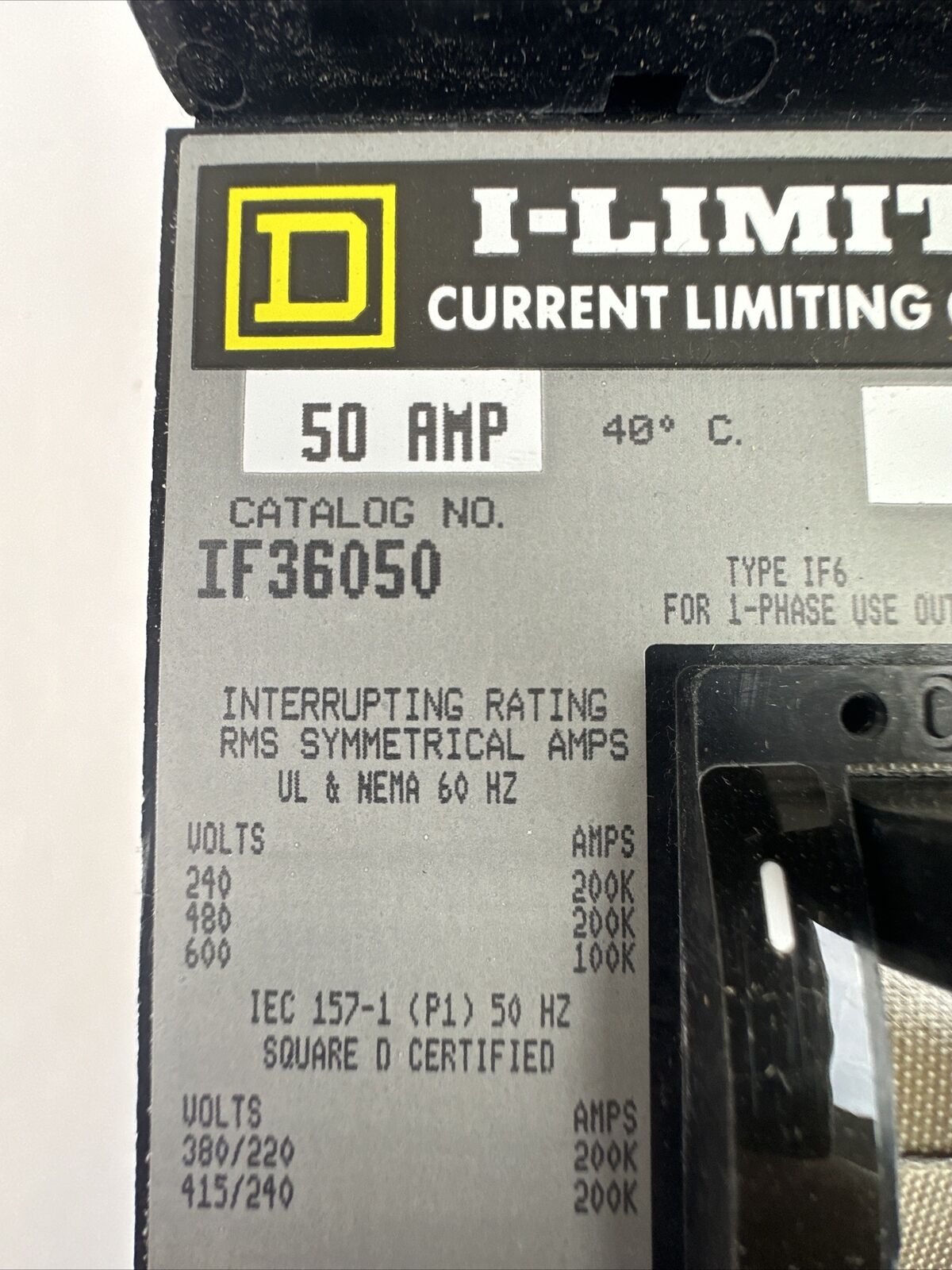 SQUARE D IF36050 50AMP 600VAC 3POLE I-LIMITER CURRENT LIMITING CIRCUIT BREAKER