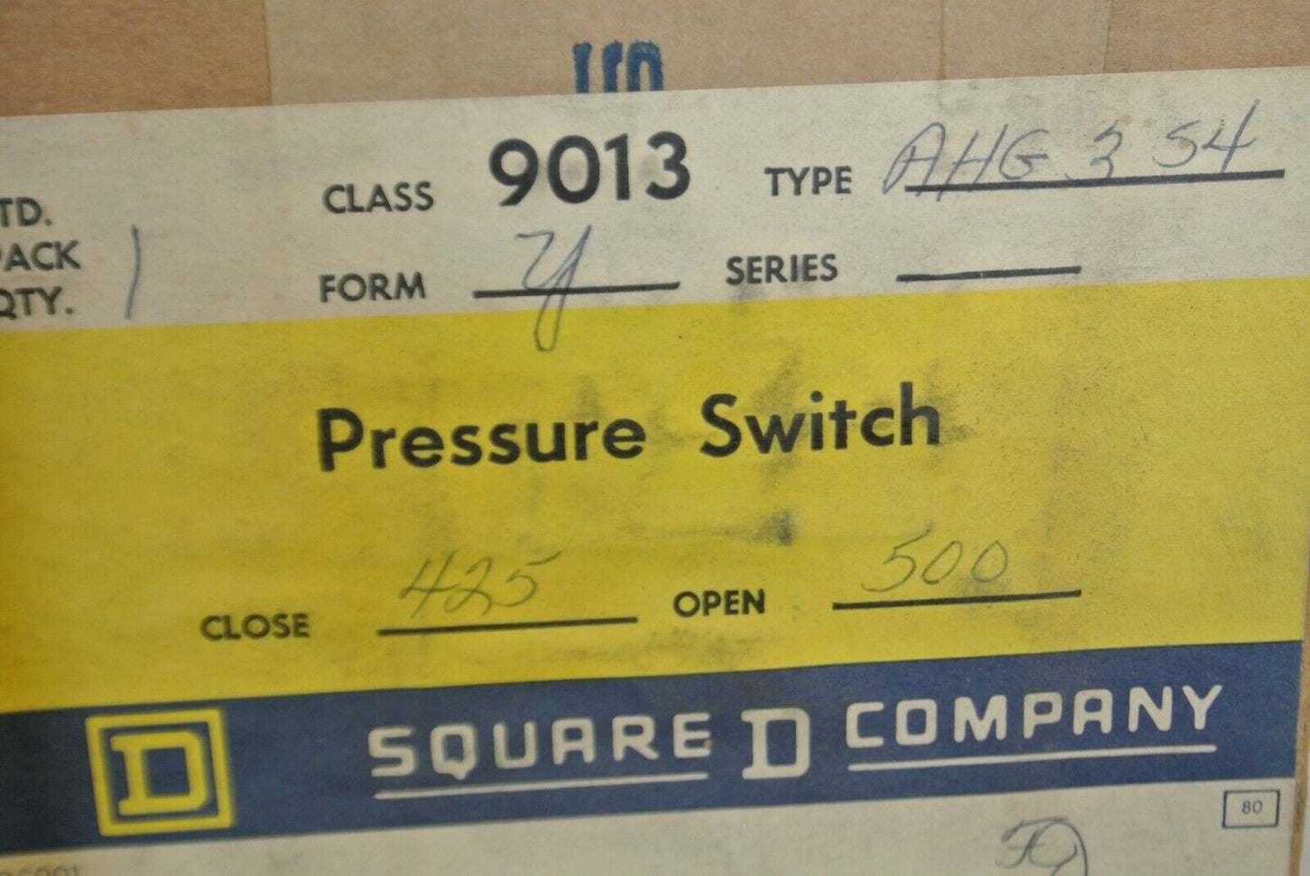 SQUARE D 9013 AHG-3 S4 PRESSURE SWITCH / CLOSE 425 / OPEN 500 / NEW SURPLUS