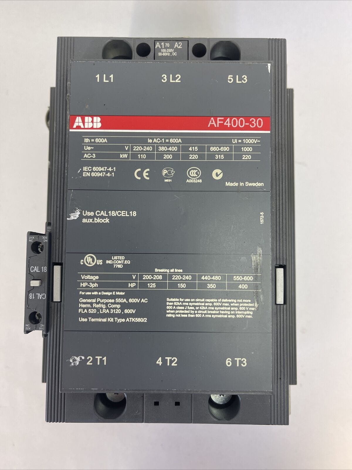 ABB AF400-30 CONTACTOR 600VAC 400HP 3PH 3P 550A COIL 100-250VDC 50-60hz