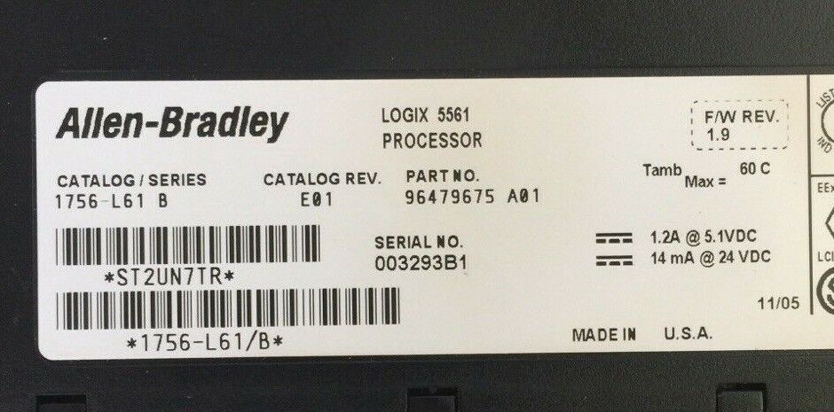 ALLEN BRADLEY 1756-L61 SER B LOGIX 5561 PROCESSOR CAT REV E01 F/W REV 1.9 24VDC