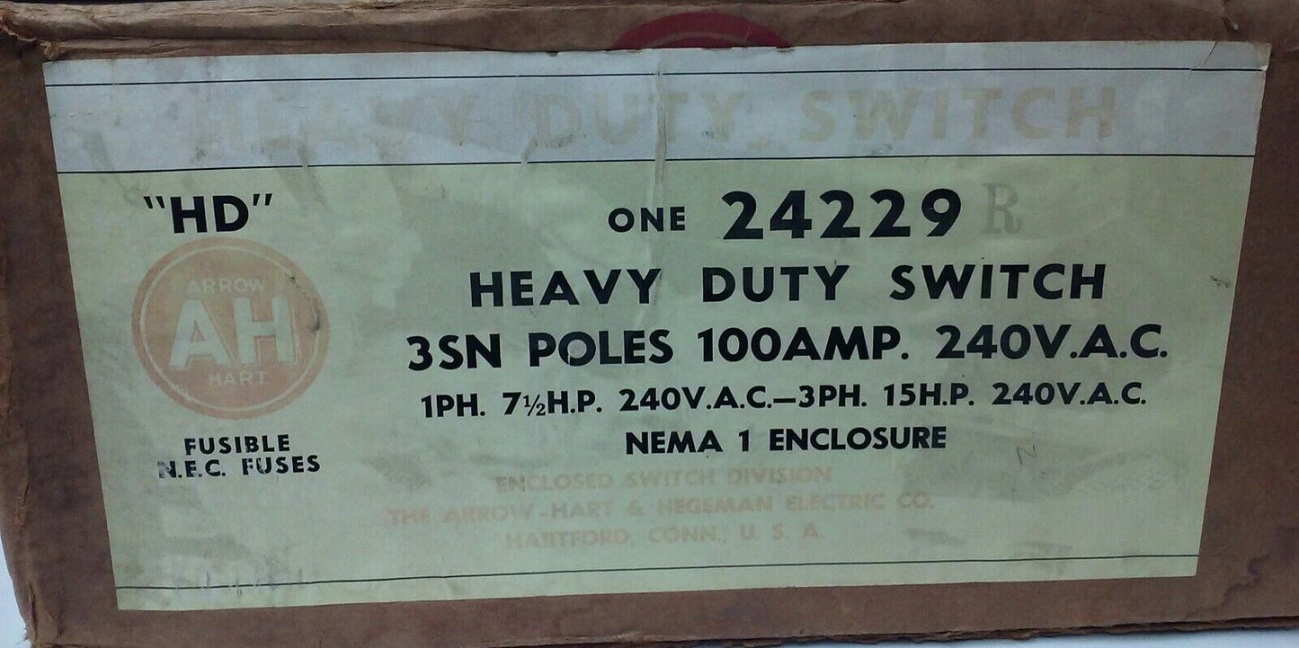 ARROW HART 24299R ENCLOSED SWITCH TYPE HD, 2P, POLES 3SN, 100A, 240V,FUSIBLE,NEW