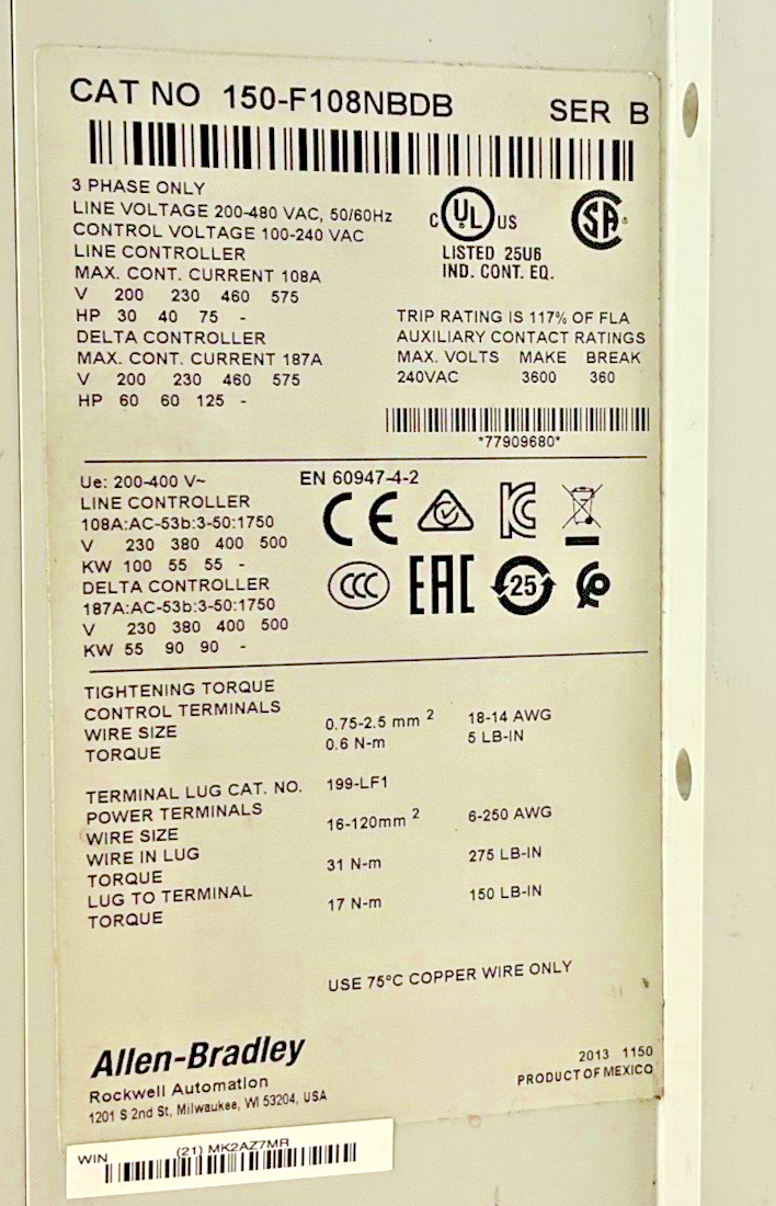 ALLEN BRADLEY FLEX SMART MOTOR CONTROL 150-F108NBDB 3PH SER.B 240VAC