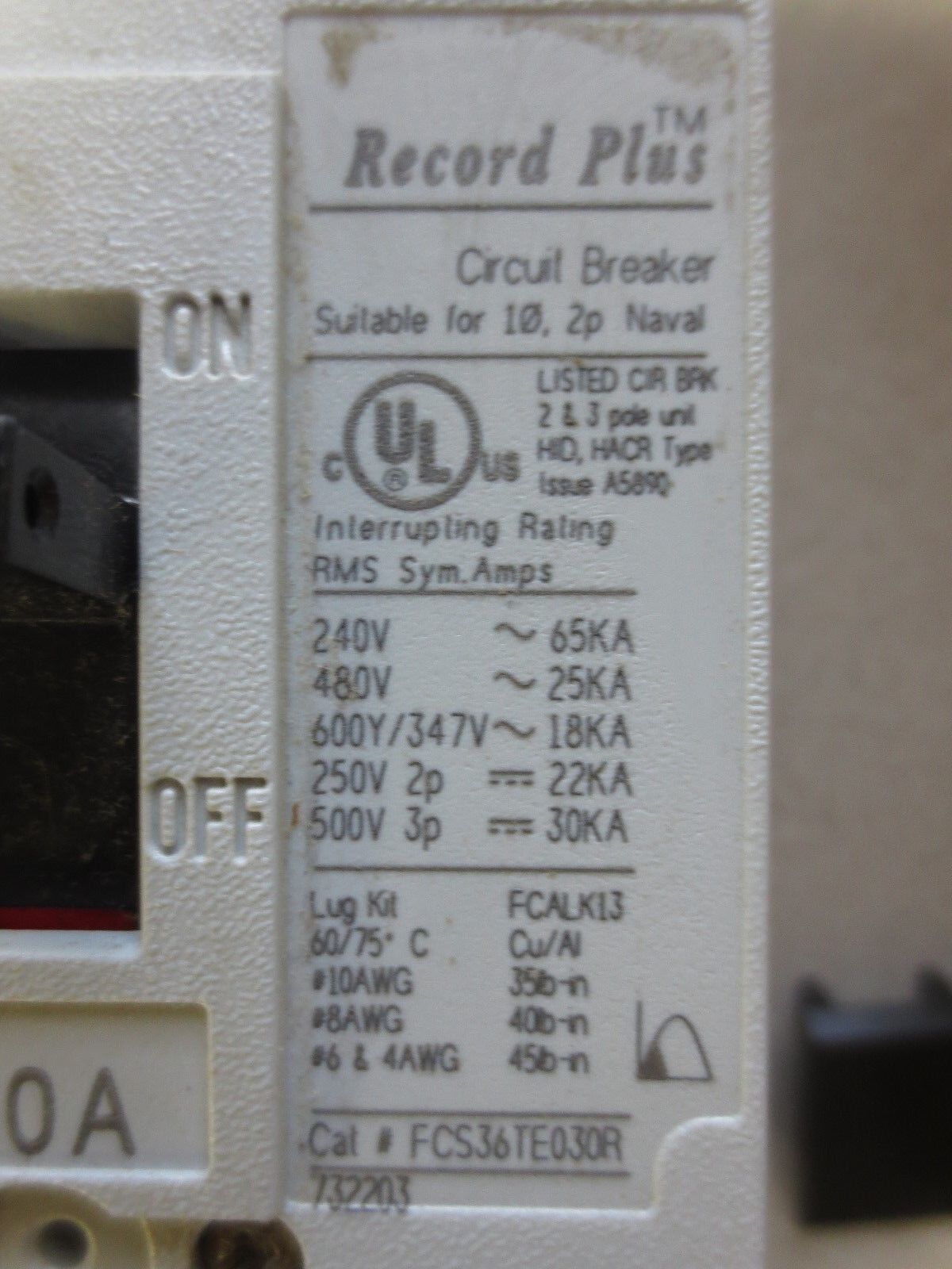 GE FCS36TE030R1 RECORD PLUS CIRCUIT BREAKER 30A, 480VAC, 3-POLE - NEW SURPLUS