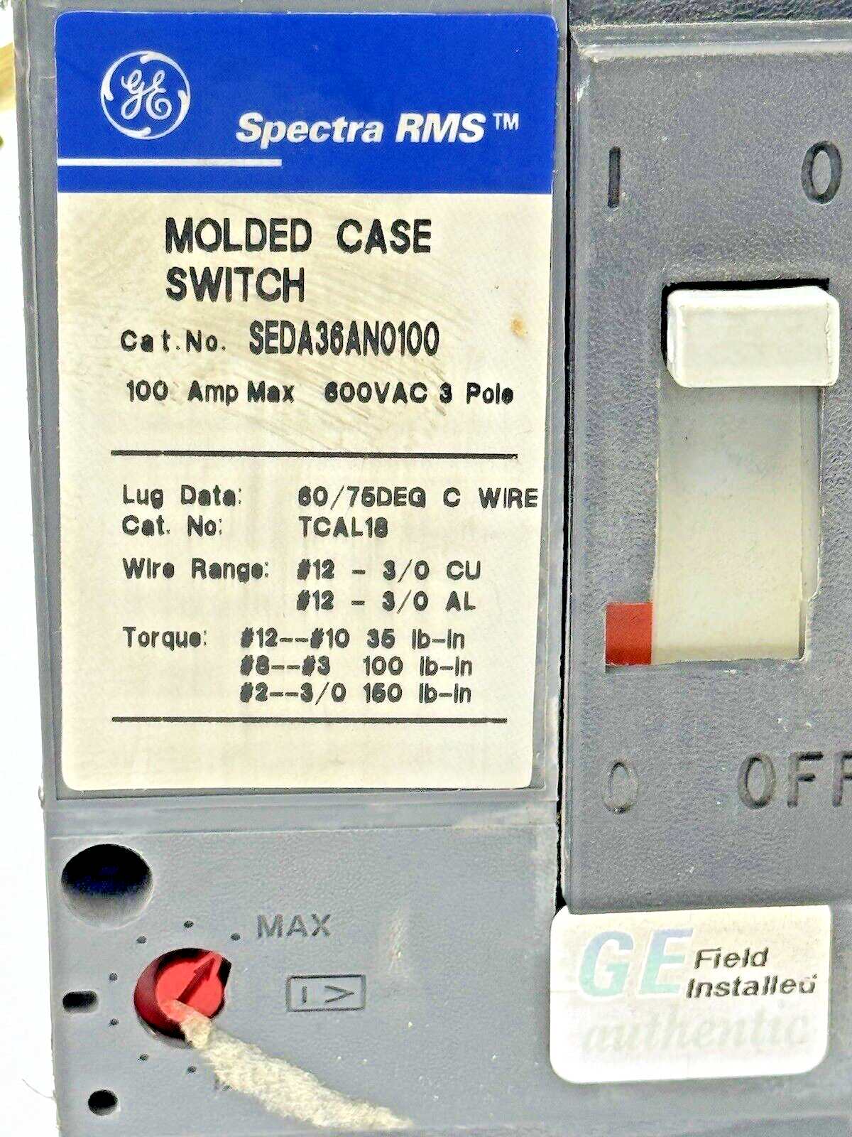 GE - SEDA36AN0100 - SPECTRA CIRCUIT BREAKER - 3 POLE/100A/600VAC W/ 100A TRIP