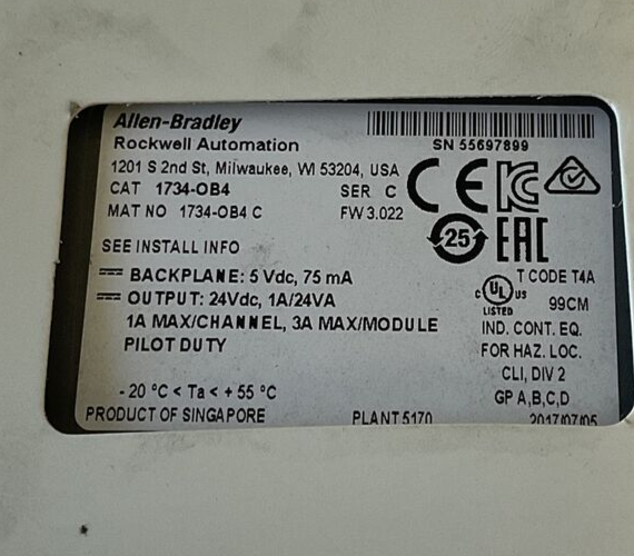 ALLEN BRADLEY 1734-OB4 OUTPUT MODULE SER.C FW3.022 5VDC 75MA