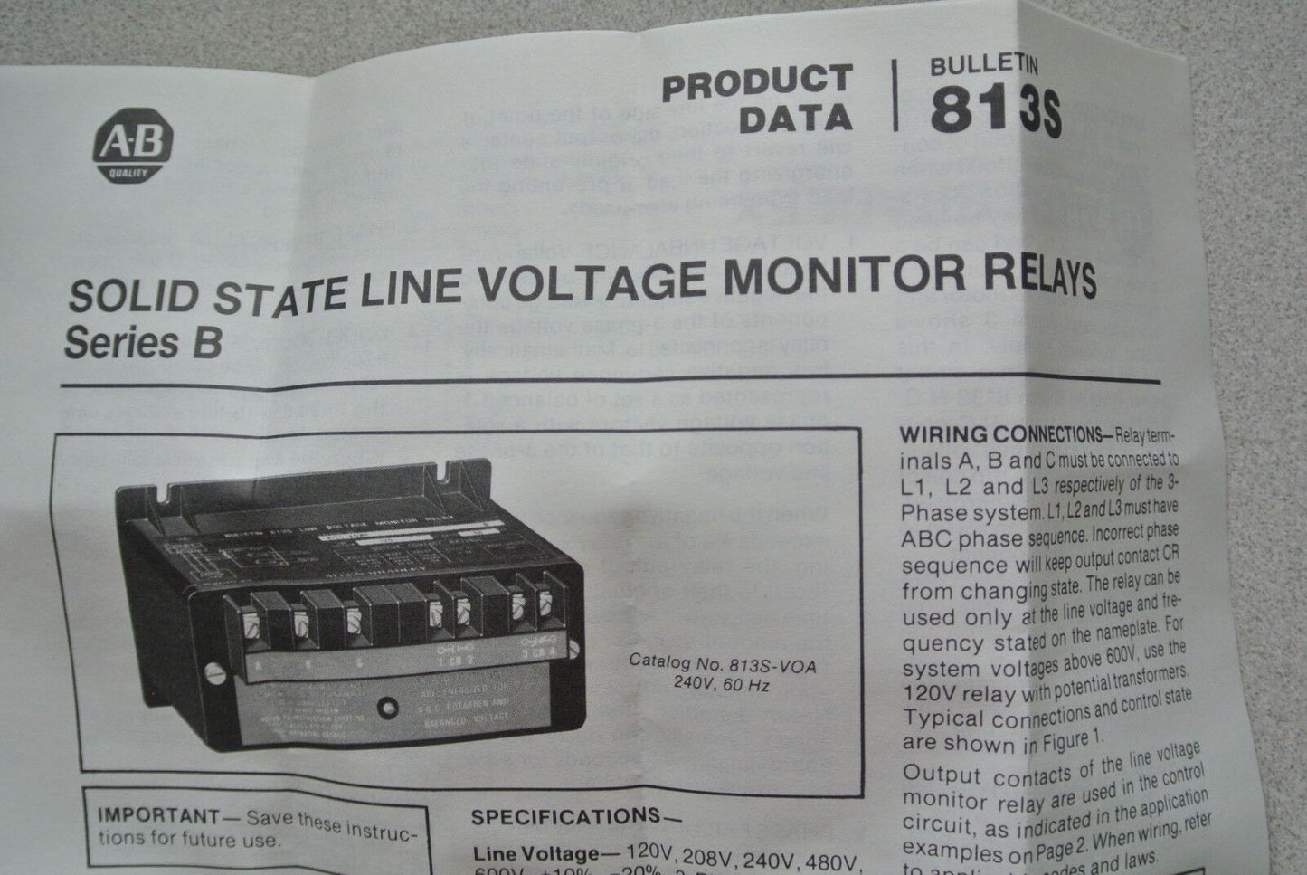 ALLEN-BRADLEY 813S-VOA Ser. B LINE VOLTAGE MONITOR RELAY 240V, 60Hz NEW SURPLUS