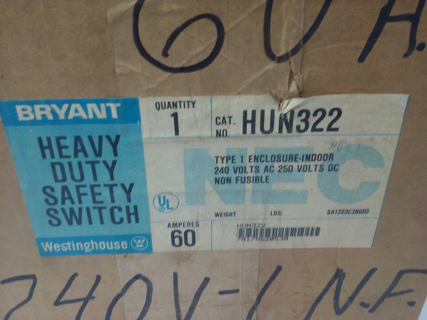 WESTINGHOUSE HUN322 NON FUSIBLE SAFETY SWITCH 3P, 60A, 240V, TYPE 1 INDOOR, 15HP