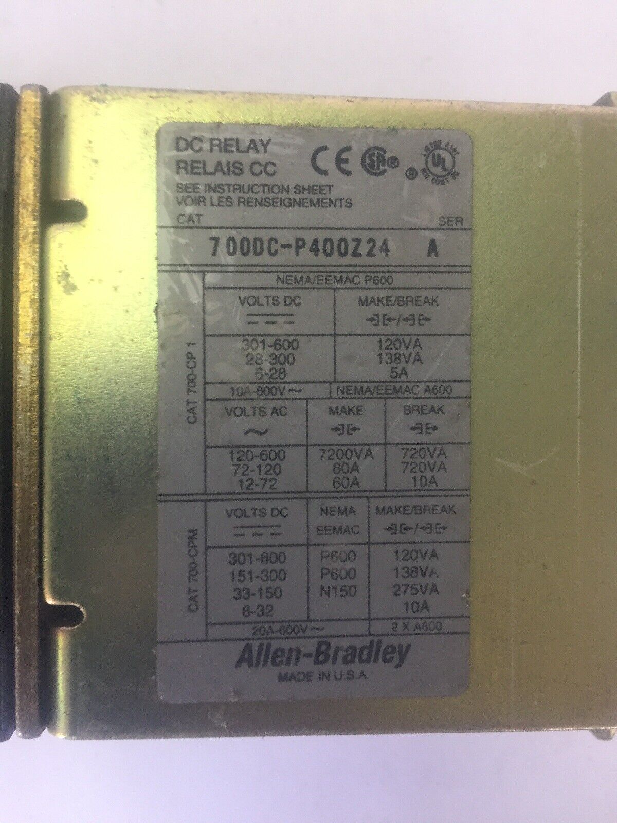 ALLEN BRADLEY 700DC-P400Z24 DC RELAY SER A 600 V PD714 COIL 24VDC BULLETIN 700DC