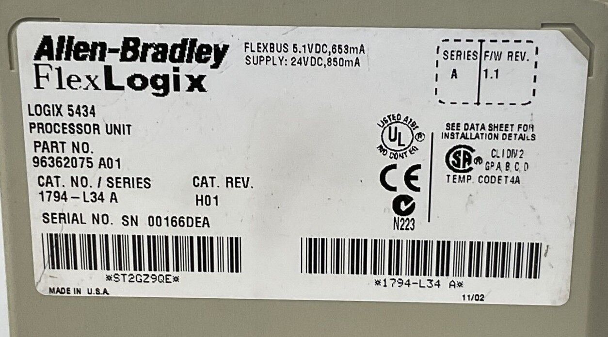ALLEN BRADLEY 1794-L34 SER A CAT REV H01 F/W REV 1.1 LOGIX 5434 PROCESSOR UNIT