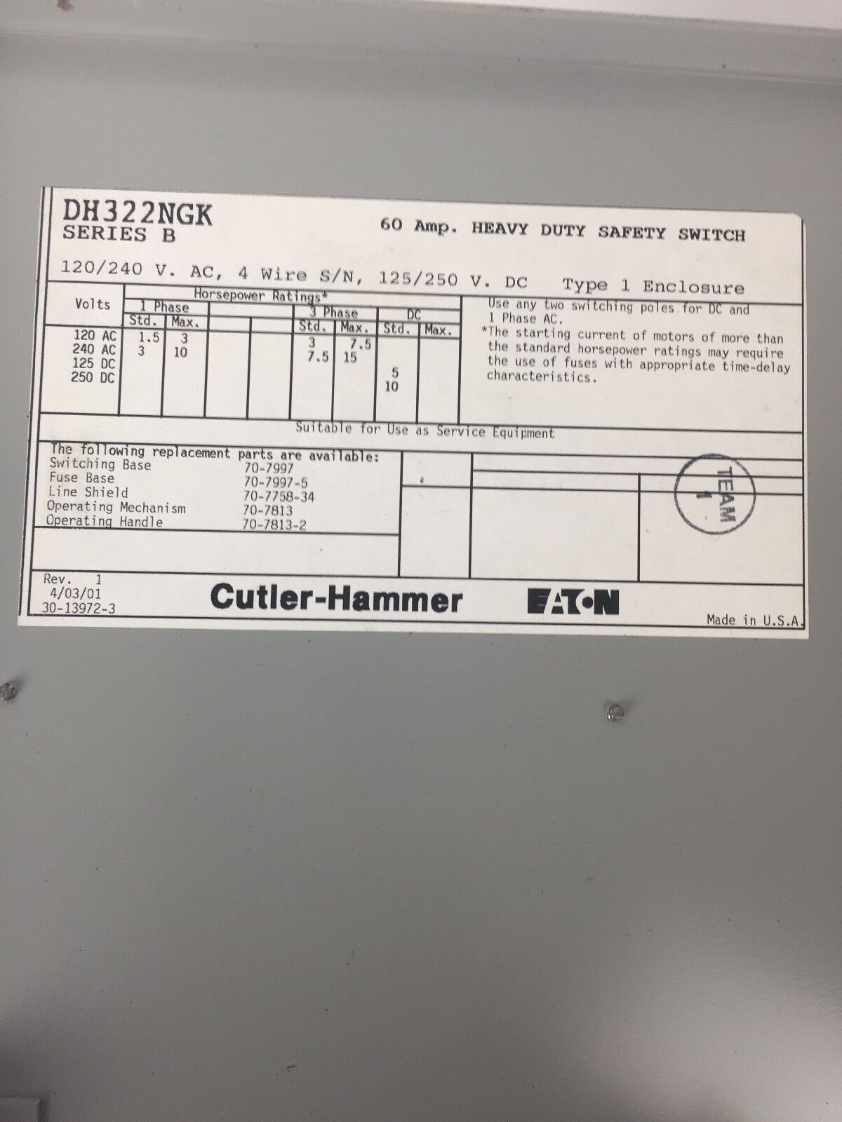 CUTLER HAMMER DH322NGK FUSIBLE HD SAFETY SWITCH 240VAC 250VDC 60AMP 3P TYPE 1