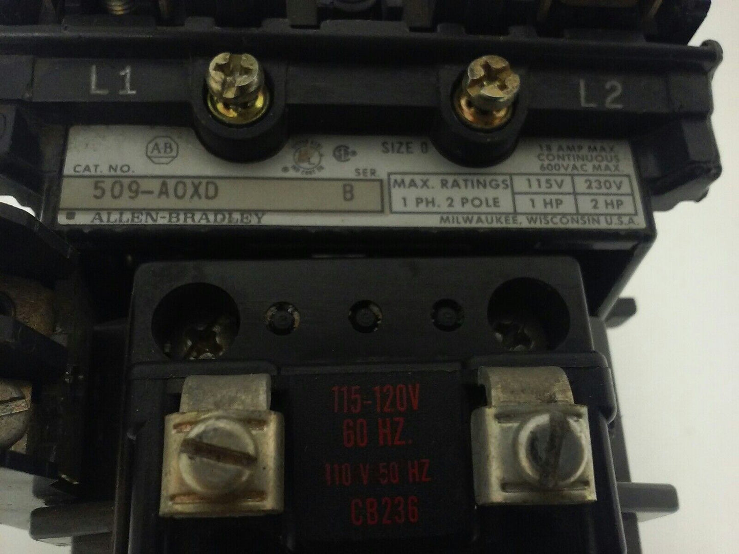 ALLEN BRADLEY 509-AOXD, SER. B, STARTER, 120V COIL CONTACTS GREAT CONDITION