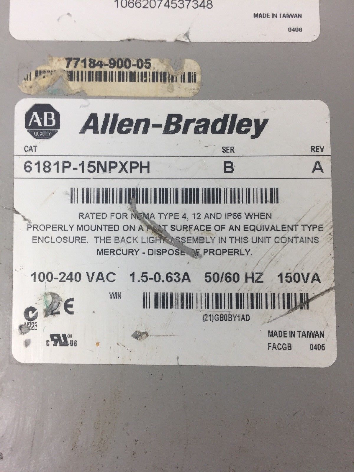 ALLEN BRADLEY VERSAVIEW 1500P 6181P-15NPXPH 100-240VAC 1.5-0.63A 50/60HZ 150VA