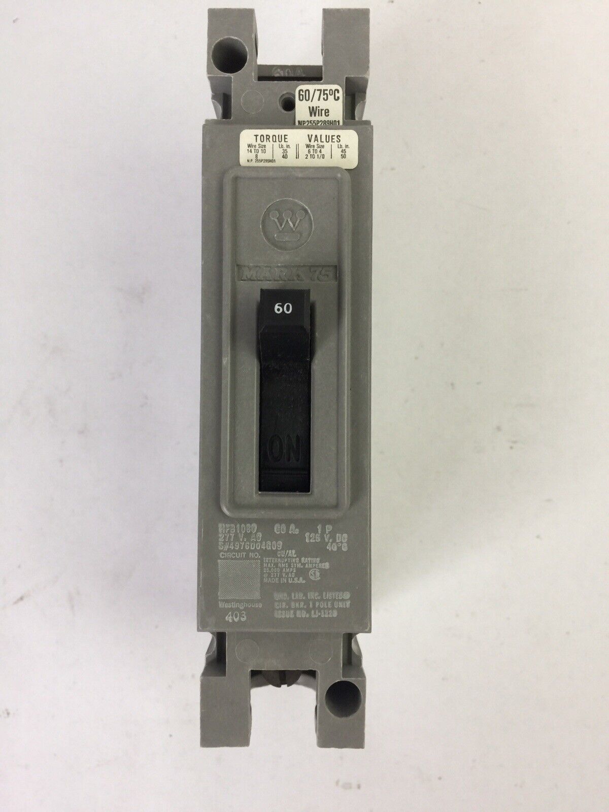WESTINGHOUSE HFB1060 CIRCUIT BREAKER 60AMP 1POLE 277VAC 4976D04G09
