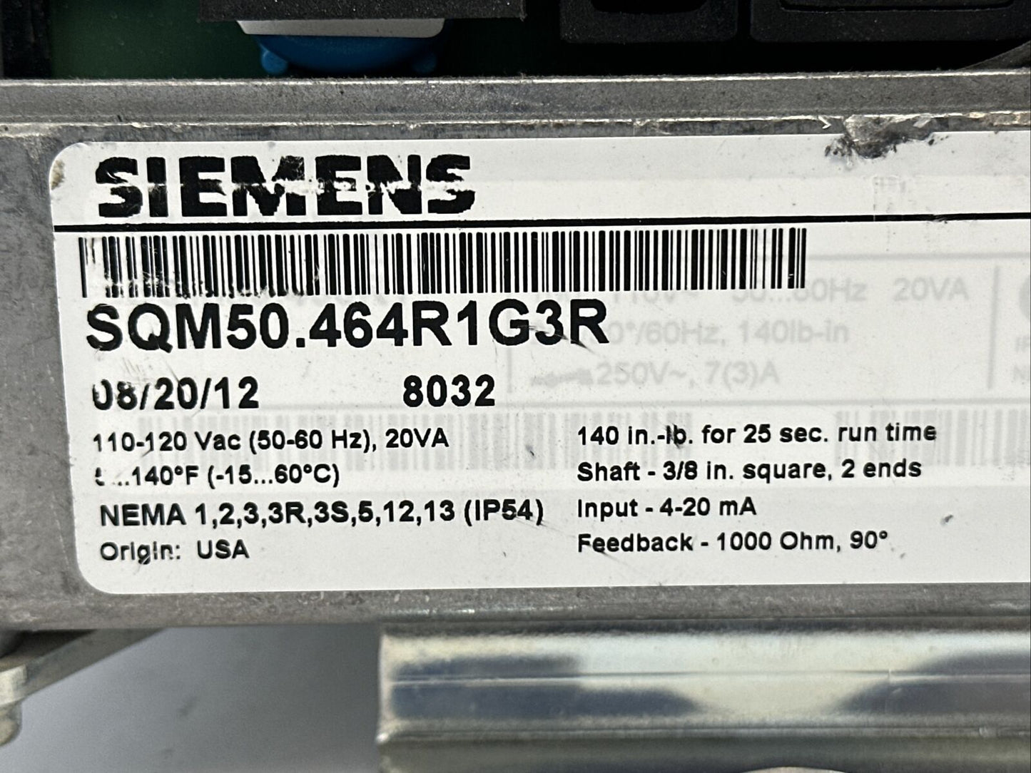 SIEMENS SQM50.464R1G3R PNEUMATIC DAMPER MOTOR 110-120VAC 50/60HZ 20VA