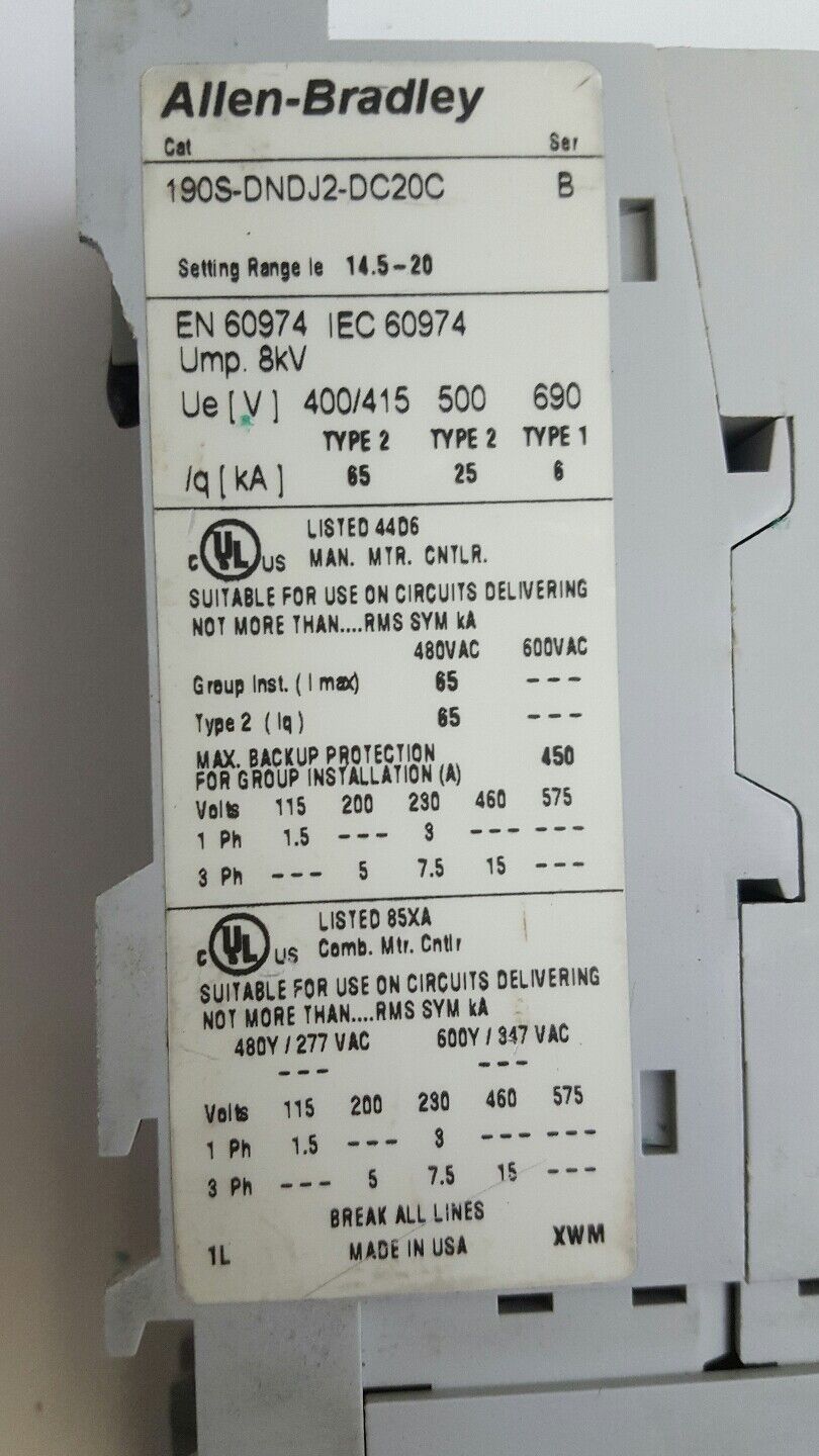 Allen Bradley Compact Starter 190S-CNDJ2-DC20C SER B 100-C23Z*10