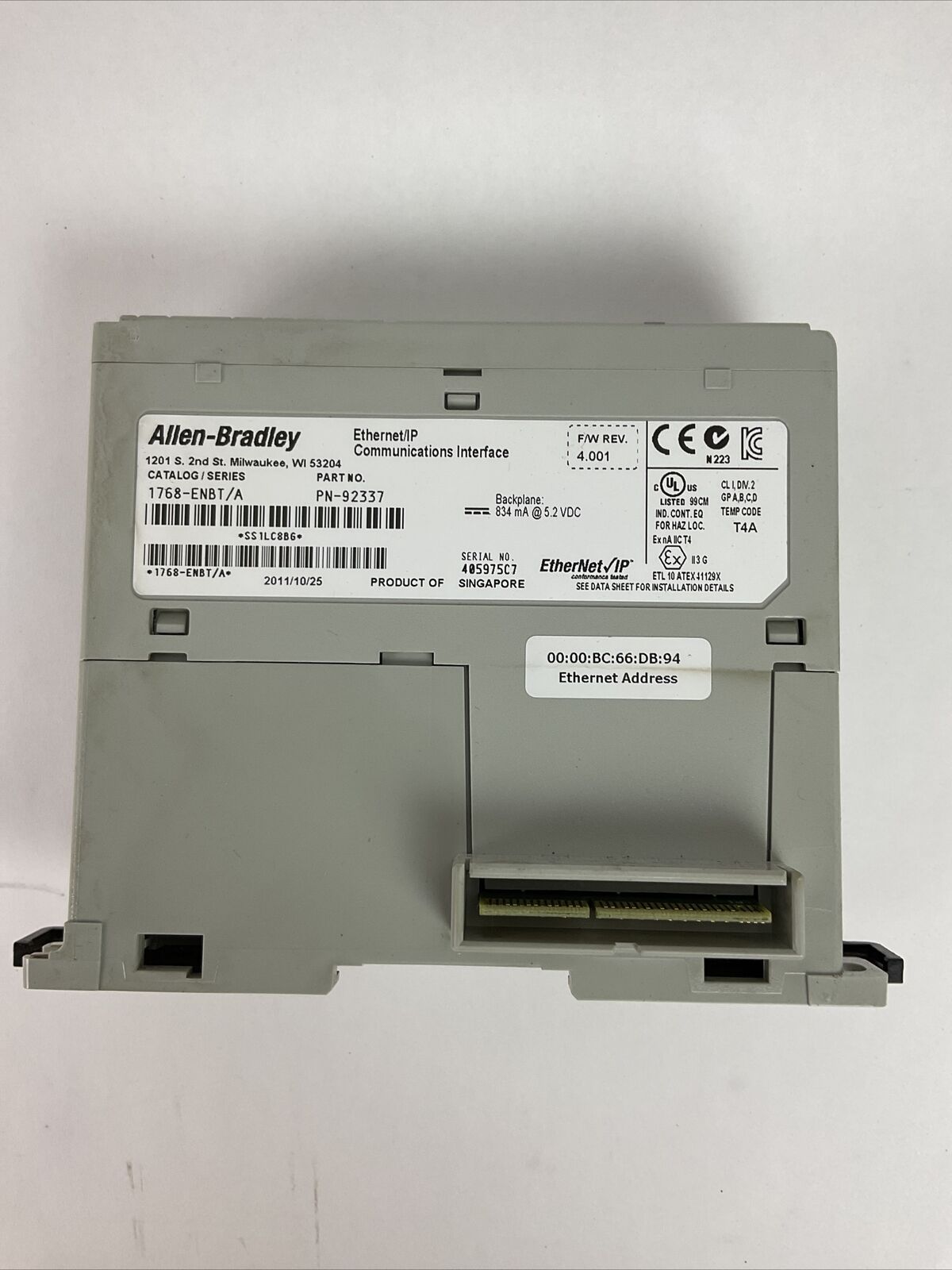 ALLEN BRADLEY 1768-ENBT SER A F/W REV 4.001 ETHERNET/IP COMMUNICATIONS INTERFACE
