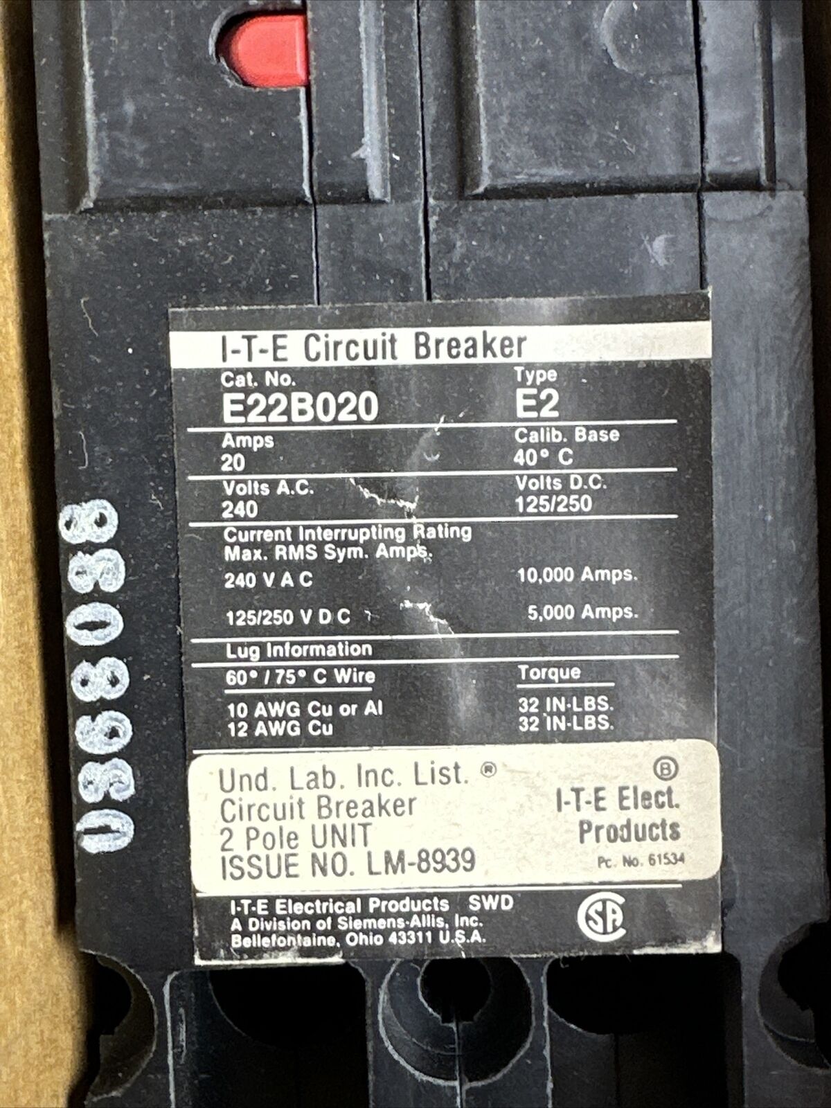 SIEMENS ITE E22B030 CIRCUIT BREAKER 20A 2P 240VAC 125/250VDC