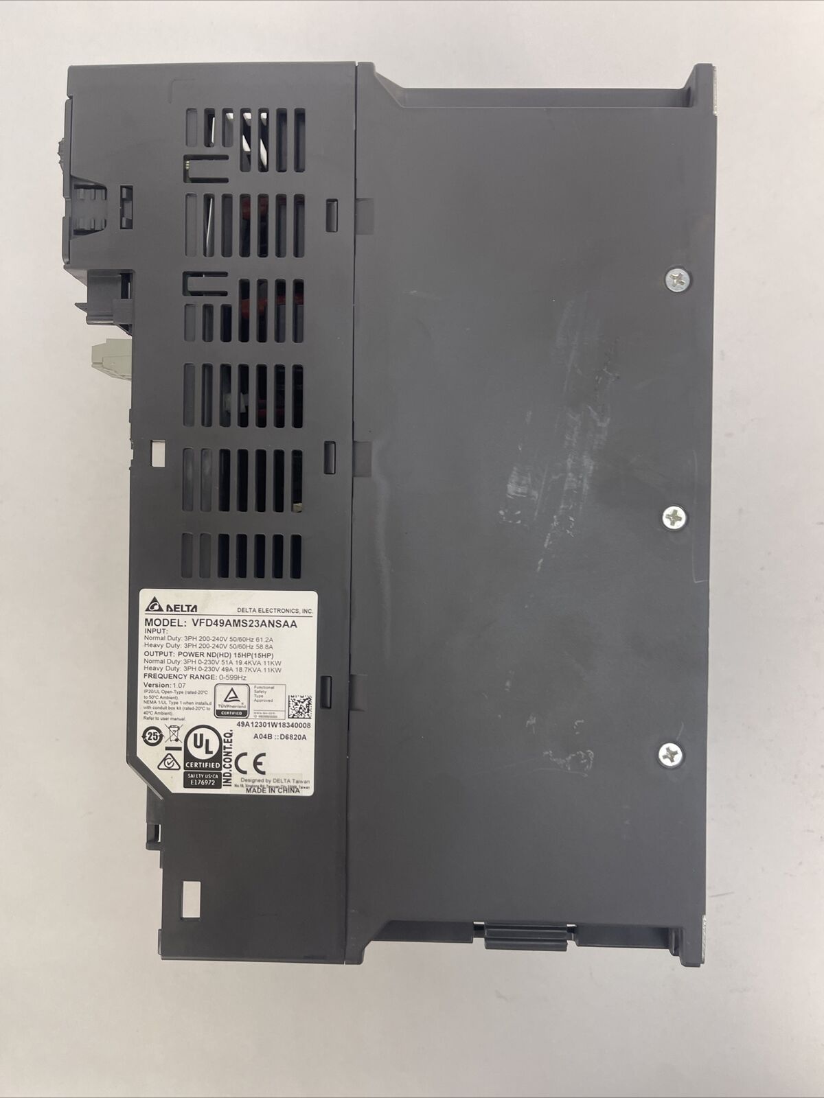 DELTA VFD49AMS23ANSAA DRIVE INPUT 200-240V OUTPUT 0-230V 51A 19.4KVA VER 1.07
