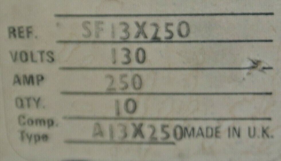 INTERNATIONAL RECTIFIER SF13X250 FUSE / 250A / 130V / NEW SURPLUS / EACH